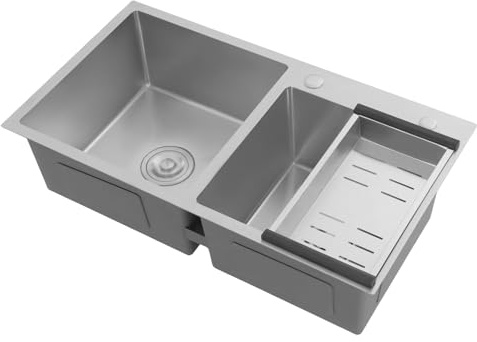 Fregadero de cocina empotrado cuadrado de 2 senos con juego de superficies de drenaje, fregadero de drenaje 78 x 43 x 21 cm, cubeta plateada