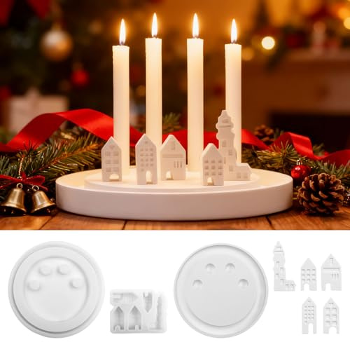 SNAIL GARDEN 4-Felgen Kerzenhalter Silikonform Set mit Großer Schale (21.5cm) & 5-in-1 Häuserform – Gießformen für Beton, Gips, Epoxidharz, DIY Deko für Weihnachten & Geschenk