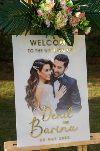 Cartello di benvenuto per matrimonio in acrilico satinato personalizzato con immagine di coppia 3D - Segno personalizzato per la decorazione di nozze