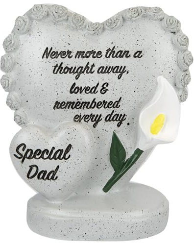 Ornement commémoratif double cœur avec bordure de rose et lys blanc – Décoration funéraire sur pied effet pierre et plaque avec inscription – Tombe, cimetière et jardin souvenir souvenir