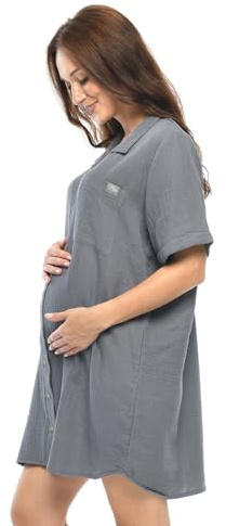 MijaCulture 2 in1 Muslin Stillnachthemd und Umstandsnachthemd M023 Hazel (Grau, L/XL)