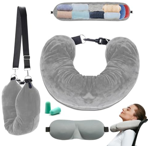 xolear Almohada Viaje Rellenable Multifuncional en Forma de U, Cojin Cuello Viaje Rellenable con Antifaz y Tapones para Los Oídos, Refillable Travel Pillow para Viajes en Coche o Avión(Gris)