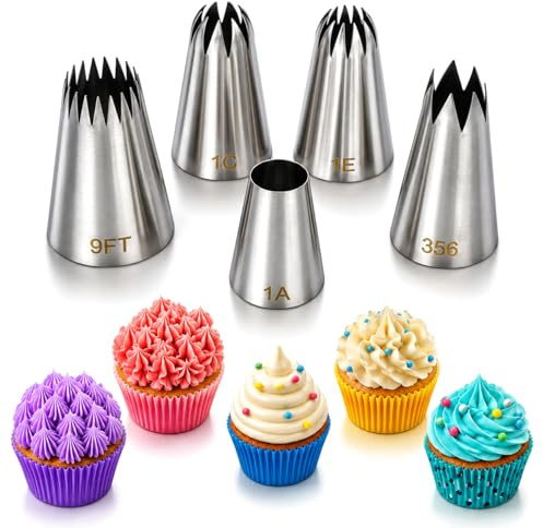5 Pack Stainless Steel Seamless Piping Icing Tips 1C 1E 1A 356 9FT, Large Piping Nozzle, Cake Decorating Tools for Cupcake Baker