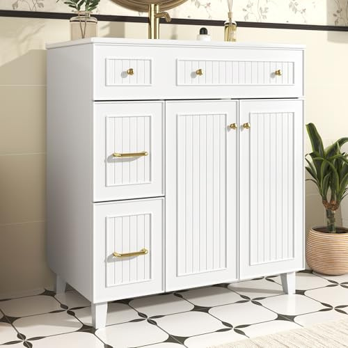 A ALFRESCOOL Mobile sottolavello, mobiletto da bagno, lavabo con mobiletto, superficie verniciata, contenitore multifunzione e piedini in legno massiccio (bianco)
