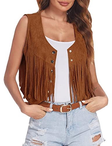 Chaleco Hippie Mujer Flecos Disfraz Años 70 Chaleco Ante Sintético Y2k Chaqueta con Borlas Chalecos Cowboy del Oeste Sin Mangas para Carnaval Halloween Fiesta Temática Disco Party