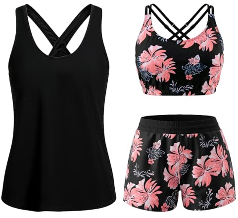Set di Tankini da donna, Costume da Bagno con Incrocio di Lacci sul Retro e Design Forato, Costume da Bagno a due Pezzi, Slip Boxer Shapewear per Snellire la Pancia (IT, Testo, XL, Regular, Regular)