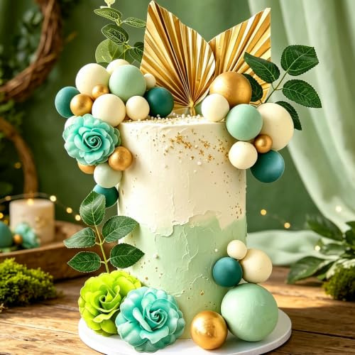 LaVenty Green Ball Rose Cake Toppers Palm Leaves Flower Cake Decorations | For Baby Shower and Wedding Party Cakes