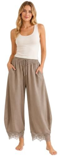 Spets fållbyxor för kvinnor linne look brett ben dragsko elastisk midja beskurna palazzo byxor med fickor sommar strand lounge