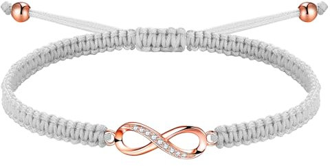 J.Endéar Bracelet Cordon Porte-Bonheur, Or Rose Infini Bracelet Argent 925 avec Zircon pour Femme, Bijoux Tressés pour Fille, Bracelet Ado Réglable, Gris