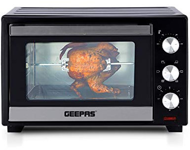 GEEPAS 25L Mini Oven & Grill | Electric Oven with Rotisserie Baking Roasting & Grilling | 1600W Temp Control Double Glass Door 60min Timer Auto Shut Off Bell Compact for Dorm Caravan Kitchen