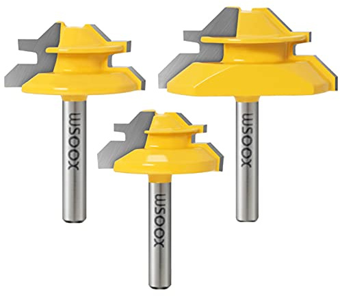 WSOOX 1/4 Inch Shank 45 Degree Lock Miter Router Bit Set, 3pcs Joint Router Bits, Wood Milling Cutter Glue Joint Tools Set (for Cutting 1/2Inch, 3/4Inch, 5/8Inch Wood Stock) (1/4 Shank)