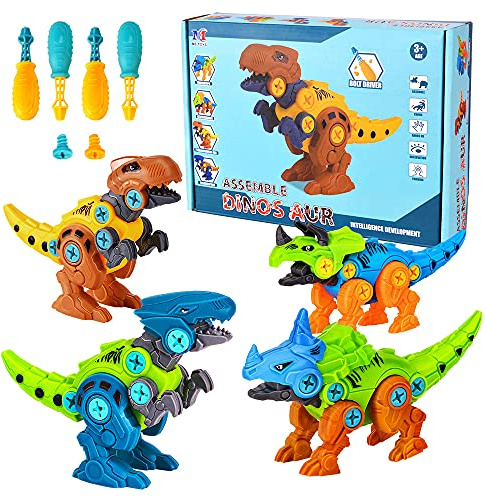 Lekebaby Take Apart Dinosaur, 4-Pack DIY Dinosaur Toys with Drills,Dinosaur Gifts for Boys Girls 3 4 5 Years Old and Up
