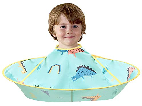 CCbeauty Friseurumhang Kinder Umhang Haare Schneiden Dinosaurier Cartoon Gemustert Haarschneideumhang Wasserdicht Friseur Stehschürze für Kleinkinder(blau)
