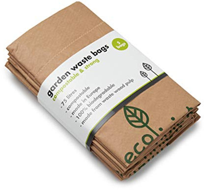 ecoLiving 75 Litre Compostable Garden Waste Bags (5 Paper Bin Bags) – Super Sturdy Paper Compostable Garden Waste Sacks – Eco Garden Waste Bags – Shredded Paper Sacks