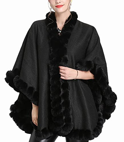 Wealish Women's Cardigan Poncho Faux Rabbit Fur Cape Wrap Wool Warm Shawl,Black
