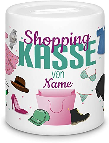 Spardose - Shoppingkasse - mit Name Personalisieren - Geschenk zum Geburtstag, Frauen, Freudin, Shoppen, Geldgeschenk - Sparbüchse