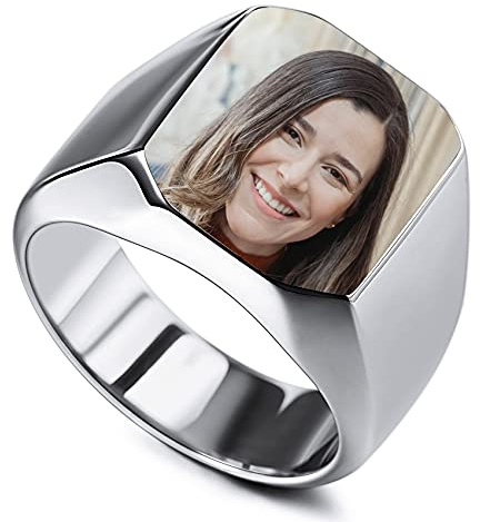 MunkiMix Personalisierter Edelstahl Siegelring Personalisierter Farbfoto Schwarz-Weiß-Foto für Männer Frauen Junge Paare Beste Freunde mit Ringgrößenverstellung Jubiläumsgeschenke