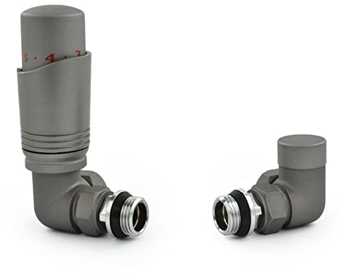 Hot Flow Grey Cascade Corner Modern TRV - Válvula termostática para radiador (par) incluye un cuerpo TRV de esquina y un escudo de bloqueo. Para un control rápido y fácil de la temperatura. Perfecto