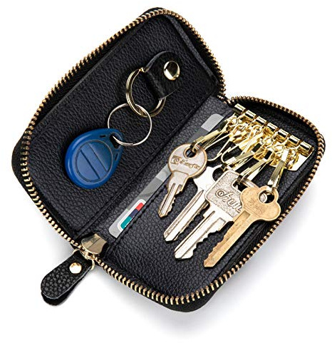 PAXLAMB Unisex Large Leather Key Case Wallet Genuine Leather Zipper Car Key Holder Key Case Wallet for Men Women Mens Womens Car Key Holder Bag Keychain Case Wallet (Black Simple)