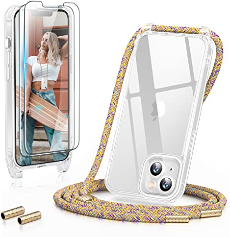 GOODVISH 3 in 1 Handykette für iPhone 13 6,1 Zoll - mit 2 Stück Schutzfolie - Necklace Hülle mit Band [Kameraschutz] [360°-Schutz] Handyhülle für zum Umhängen - Transparent Case mit Schnur, Rainbow