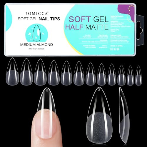 TOMICCA 240 Stück Almond Medium Nail Tips für Gelnägel | 12 Größen Almond Falsche Nageltips, Full Cover Soft Gel Tips für Gelnägel, für Nagelverlängerung, Nagelstudios und Hause DIY