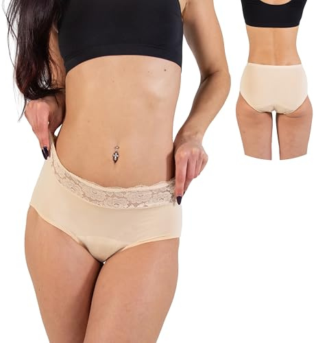 HEMSLEY Mutande Mestruali Donna Flusso Abbondante - Slip Mestruali Donna - Mutandine Mestruale Anti-Perdita e Traspiranti - Slip Ciclo Mestruale con Pizzo Elegante - Nuda - 34