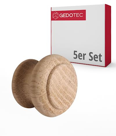 Gedotec Möbelknöpfe Holz | Durchmesser: 35 mm I 5 Stück | Türknopf für Schränke - Eiche roh (unbehandelt) inkl. Befestigungsmaterial I GIOVANNI I Knöpfe für Küchenschränke | Schrankgriffe