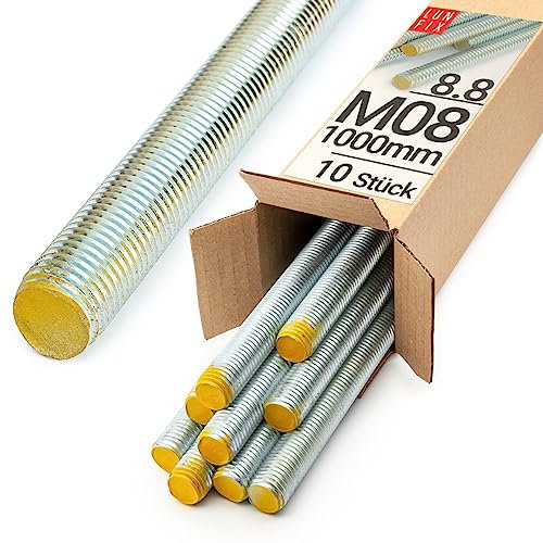 Lun Fix Gewindestange M8 x 1000 mm 10 Stück |8.8 Stahl DIN 976| Gewindestab | Gewindestift | stockschrauben M8 | metrisches Gewinde | Industrie Befestigung Langgewinde Montage Metall