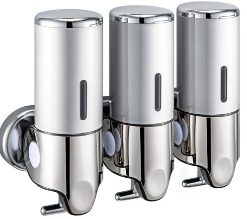 Holdfiturn Wall-Mounted Soap Dispenser, 3x500mL Shampoo and Conditioner Dispenser for Shower Bath Soap 3 Chamber No Drill Body Wash Pump Squeeze Triple Large System Organizer for Kitchen Bathroom
