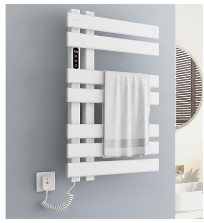 Electric Hot Towel Racks, Electric Towel Drying Rack with Built-in Timer Temperature Adjustment 86-158°F / 30-70°C, Large Heated Towel Warmer Wall Mounted 7 Flat Rod, Plug in,A White,Left Line