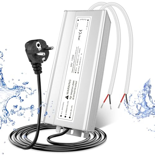 Transformador LED 24V 120W IP67, transformador exterior impermeable con enchufe, fuente de alimentación LED de 230V a 24V DC, adaptador driver LED para tiras, lámparas y proyectores.