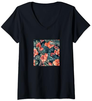 Damen Begonie Aquarell Floral Wildflower Grafik T-Shirt mit V-Ausschnitt