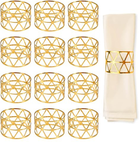 Gold Napkin Ring, Metal Napkin Holder, Party Dinner Napkin Holders for Christmas Thanksgiving Table Decorations, Christmas Banquet Decoration, Hollow Round Design Napkin Ring (12)