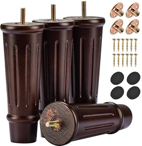 Btowin VCF 15cm Holz Möbelfüße, 4er Set Massivholz Spindel Gedrechselte Tischbeine Möbelbeine mit vorgebohrten M8 Bolzen & Montageplatten für Schrank Sofa Garderobe Kommoden | Walnussholz-Finish, 199,6 kg Tragkraft, Montageplatten und Schrauben im Lieferumfang enthalten für einfache Selbstmontage auf