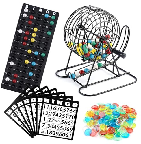 Homwom Deluxe Bingo Game Set Includes 18 Mixed Cards, 150 Vibrant Chips, 75 Calling Balls, 8” Bingo Cage - Premium Bingo Set for Large Groups and Parties