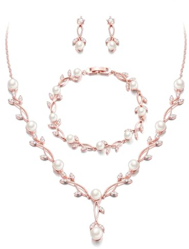 EVER FAITH Bröllopssmycke för brud - Kubisk zirkonia - Pärl Imitation - Blad - Halsband - Örhängen - Armband - För kvinna - För bröllopsklänning, Medium, Pärla