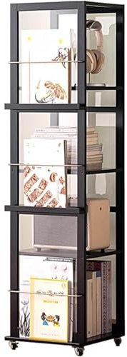BESTXH Drehbarer Bücherregalturm, Bambus Drehbares Bücherregal mit Universalrad, Bücher- und Zeitschriftenregal Bodenstehend, Bücherregal für Schlafzimmer Wohnzimmer,Schwarz,4 Tier