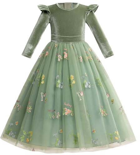 IDOPIP Otoño Invierno Flores Niña Vestido de Terciopelo Vestido de Navidad Mangas Largas Bordado Princesa Vestido de Tuyul Fiesta Cumpleaños Baile Oficial, verde, 7-8 Años