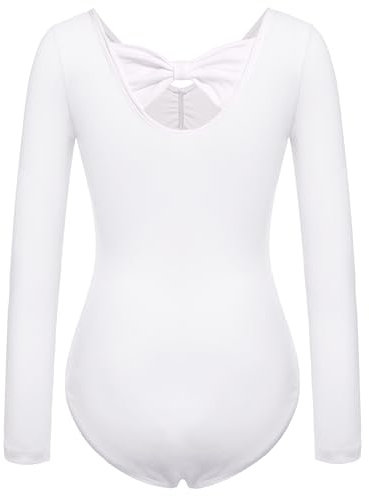 FONLAM Balletttrikot für Mädchen Tanztrikot Gymnastikanzug Baumwolle Turnanzug Kinder Ballettkleidung Langarm (6-7 Jahre, Weiß)