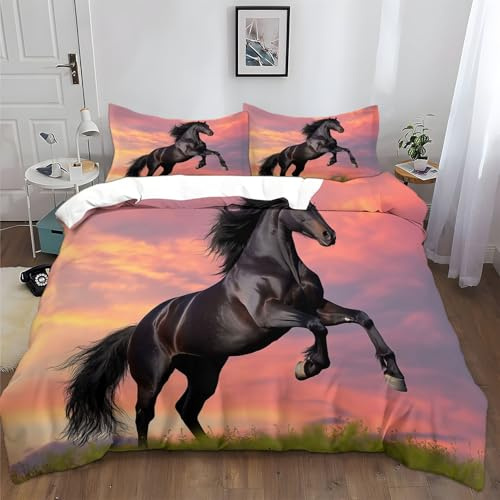 Duvet Cover Set Kids Single 135x200 cm Animal Black Frisian Horse Children Polycotton Bedding Print Bed Set Easy Care Soft Quilt Cover Duvet Cover with Pillowcase
