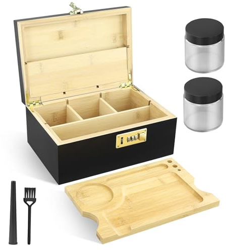 LIFEJXWEN Scatola in bambù con serratura a combinazione, kit di stoccaggio in legno, 2 barattoli + spazzole, vassoio con ruote