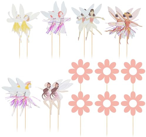 EPCDBBRT 12+6 Pieces Flower Fairy+Cake Toppers, Multicolor, Pink, 8-10cm+12cm, Girls' Birthday Party Decorations