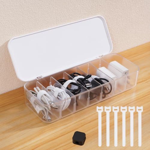 Asonen Cable Organizer Box with 7 Wire Ties and 6 Magnetic Cable Clips, Desktop Cord Management Box with Dividers and Lid for Home Office Storage – White