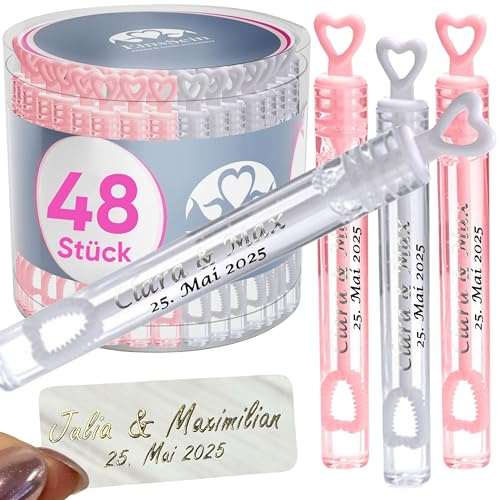 EinsSein personalisierte Seifenblasen Hochzeit Herzgläschen rosa-Weiss 48 Stück | Seifenblasen mit Aufkleber als Gastgeschenke auch für die Taufe Geburtstag Party | Hochzeitsseifenblasen | Wedding