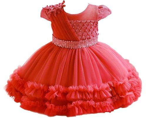 Monissy Nouvelles Filles Petites Enfant Fil Moelleux Bébé Robe Princesse Gâteau Robe de Soirée Premier Anniversaire Mariage Ceremonie Princesse Tulle Tutu,Rouge,80