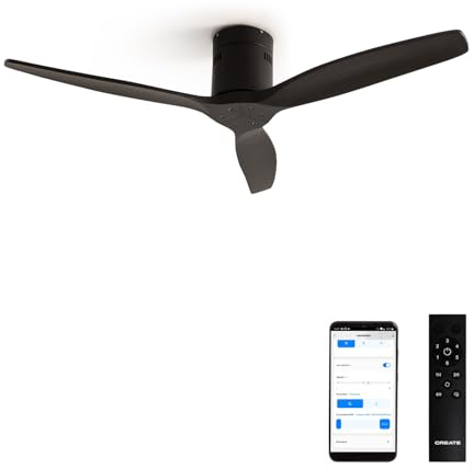 CREATE / WINDCALM NATURAL WOOD M/Ventilador de techo negro con Wifi y mando / 40W, Temporizador, Ø132 cm, 6 velocidades, silencioso, función verano-invierno