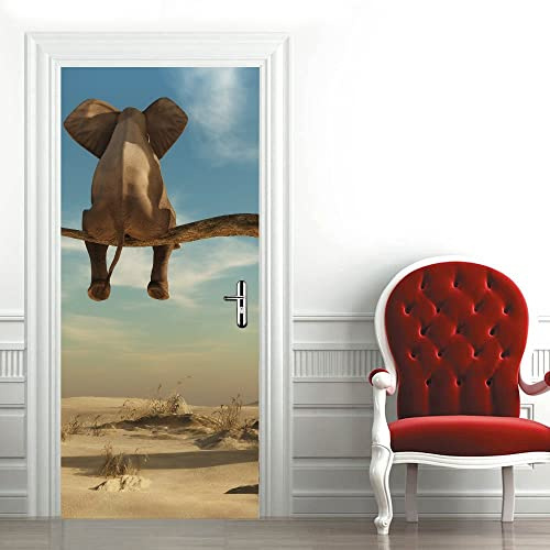3D Türaufkleber Cartoon Elefant Tür bekleben mit Türtapete Türposter Türfolie Selbstklebend 80x210 cm Tür verschönern PVC Wasserdicht Abnehmbar WüStenblauer HimmelTürfolie TürPoster