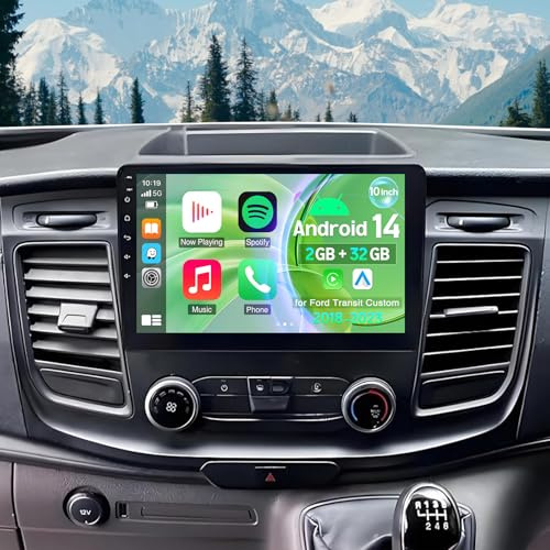 Android 14 Car Stereo 10 inch for Ford Transit Custom 2018-2023, 2G+32G low-end Car Radio Receiver with Carplay & Android Auto Touchscreen Wifi Bluetooth HiFi FM/RDS GPS Sat Navi Backup Camera Mic