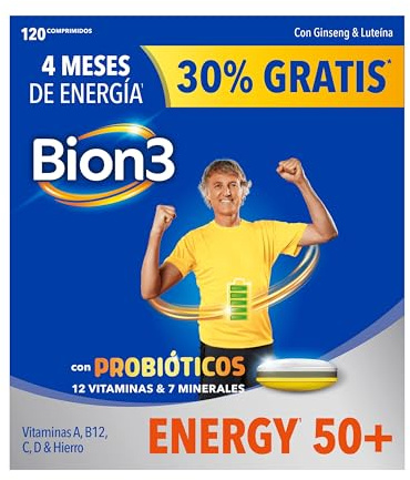 Bion3 Energy 50+ Comprimidos Multivitamínicos con Probióticos, Complemento Alimenticio, Energía Física y Mental¹, Vitamina C, D, A, Complejo B, Hierro