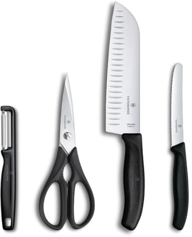 Victorinox Classic Set profesional de cuchillos, 4 piezas: cuch. para pelar, tijeras, Santoku y de mesa, hoja afilada, 7-17 cm, mango de plástico robusto, negro